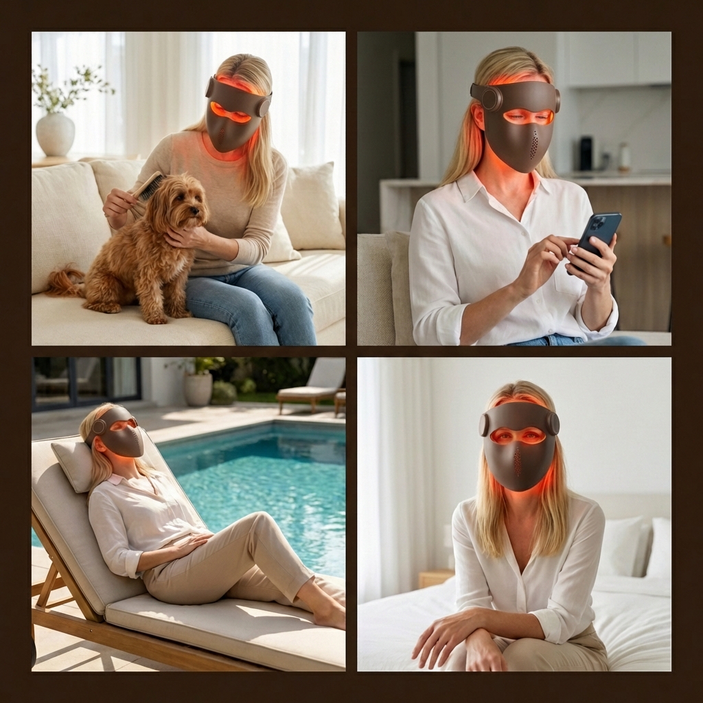 Woman relaxing on couch with OLIN Wireless Red Light Mask